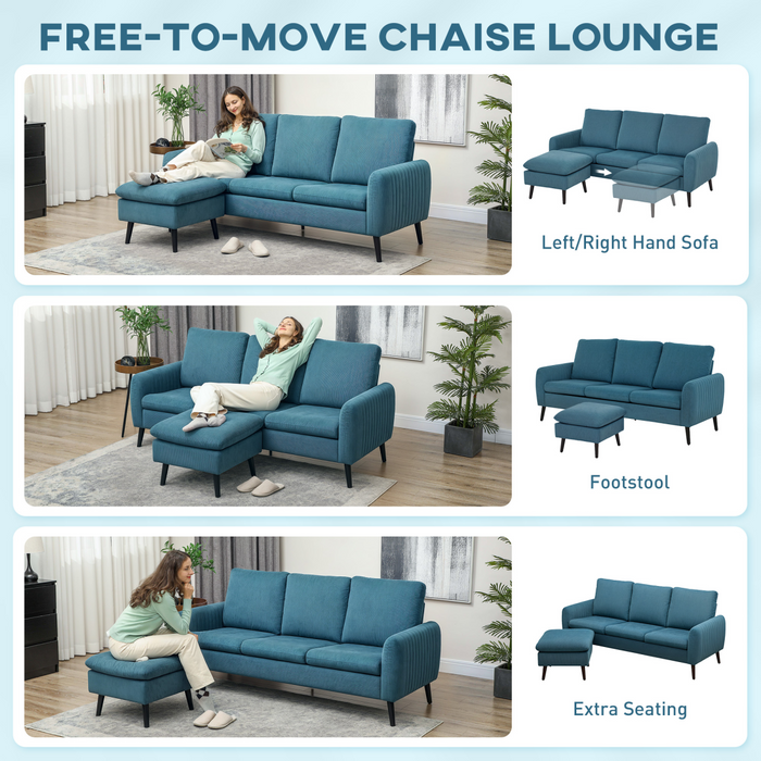 3-Seater Corduroy Sofa – Modular Chaise Lounge with Adjustable Legs & Plush Foam Comfort