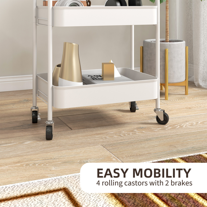 3-Tier Steel Storage Trolley – White Rolling Kitchen Cart with Baskets & Wheel