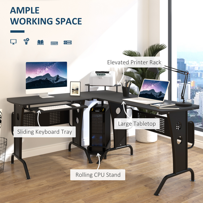 L-Shaped Corner Desk – Space-Saving Design with Keyboard Tray & Removable CPU Holder