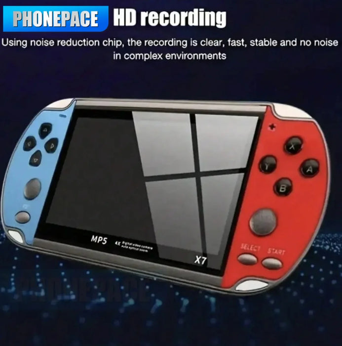 Handheld gaming console with 4.3-inch screen, 1000 built-in retro games, TV output, and dual control setup

