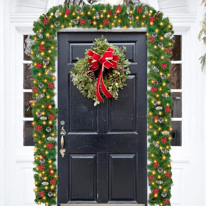 9Ft Christmas Garland Snow Flocked with Lights Pinecones Berries Wreath Bushy