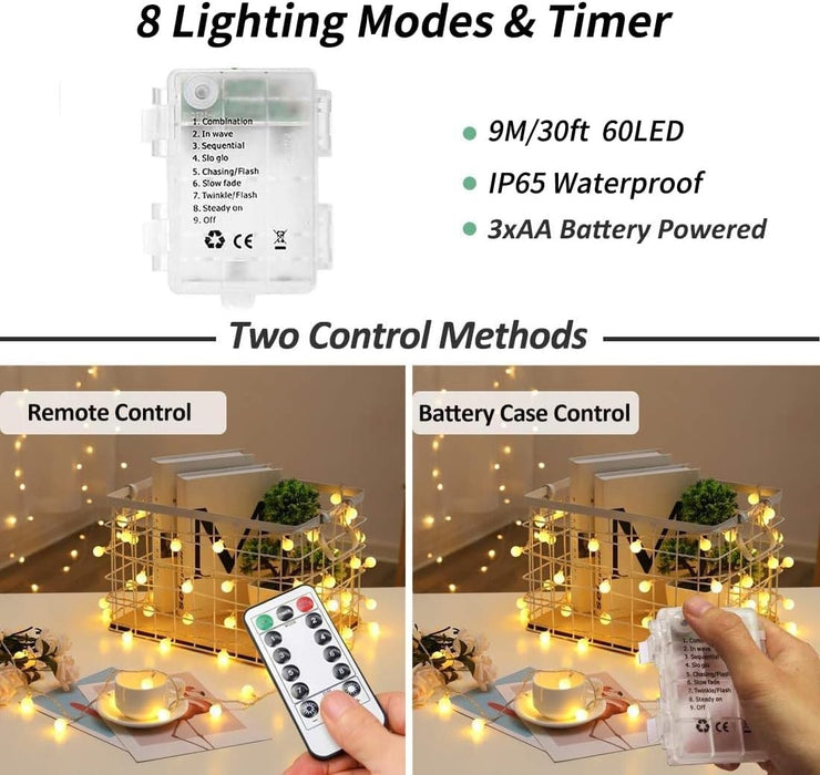 Battery Operated Fairy Lights,60 LED 30FT Waterproof String Lights (Warm)/Uk