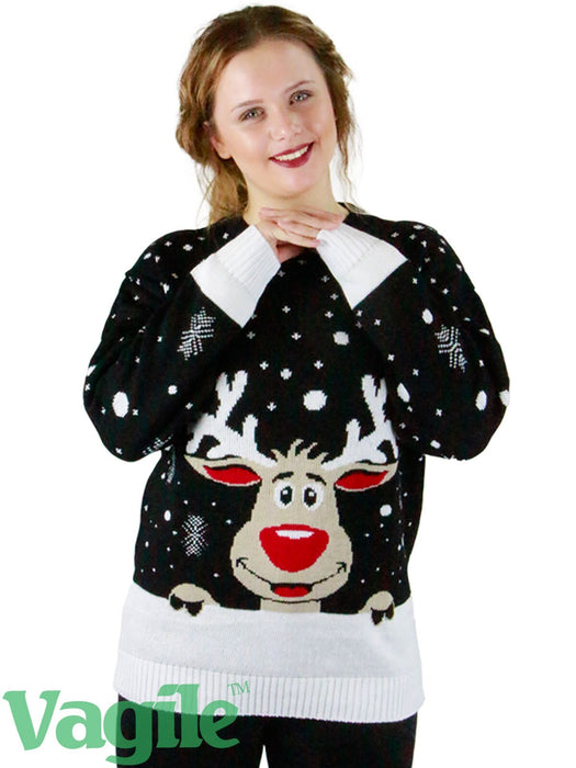 Unisex Women Rudolph Reindeer on Wall Jumper Ladies Christmas Party Warm Wear