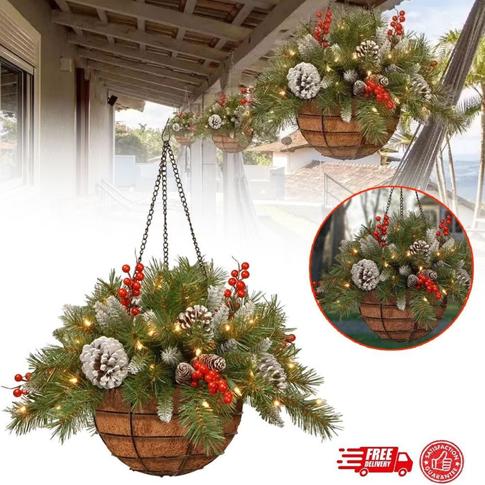 Pre-Lit Artificial Christmas Hanging Basket - Flocked with Mixed Decorations UK