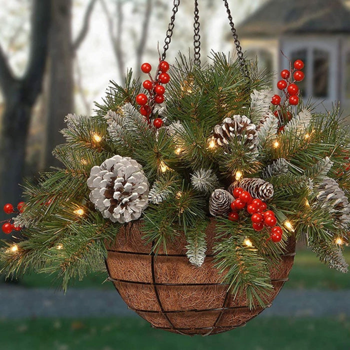 Pre-Lit Artificial Christmas Hanging Basket - Flocked with Mixed Decorations UK