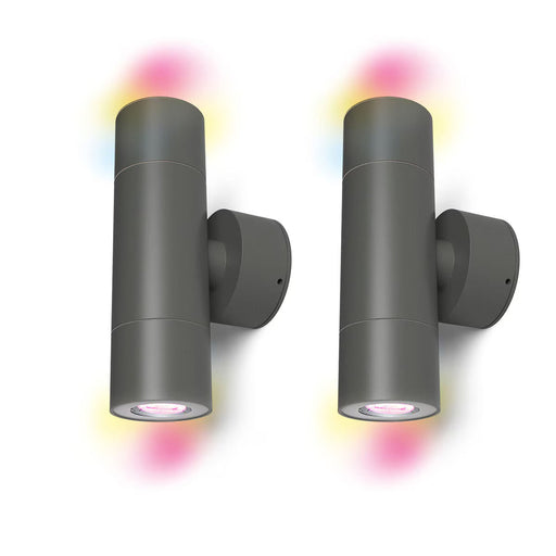 4lite WiZ smart outdoor wall lights in dark grey with colour-changing LED bulbs.