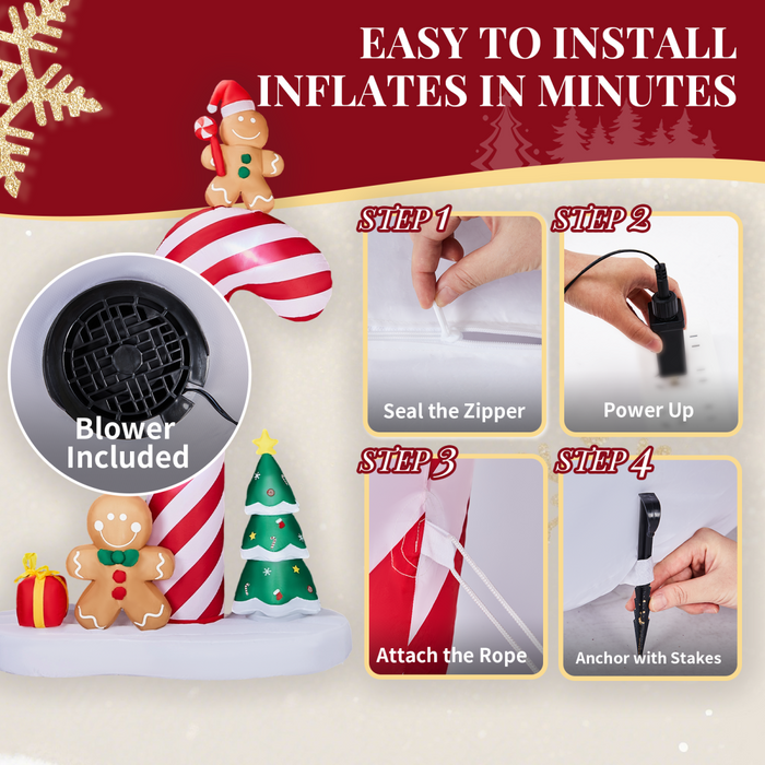 Christmas Inflatable Decoration – Candy Cane with Gingerbread – LED Lights - Samanta Factory