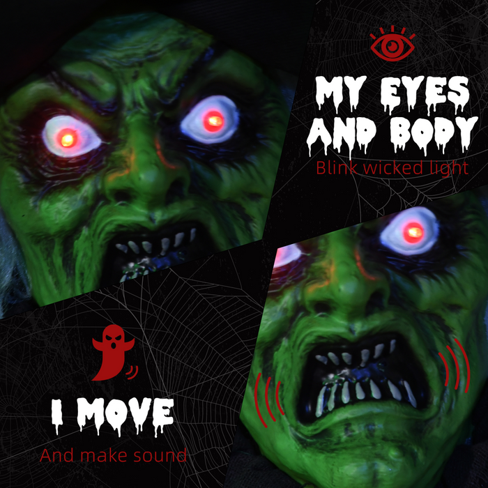 Talking Halloween Witch Animatronic – Bendable Arms with LED Eyes & Colourful Lights