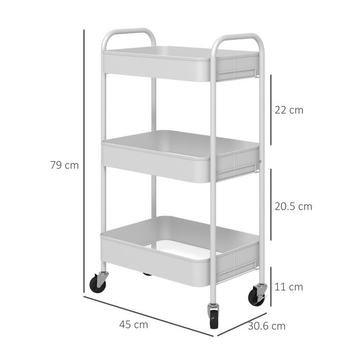 3-Tier Steel Storage Trolley – White Rolling Kitchen Cart with Baskets & Wheel