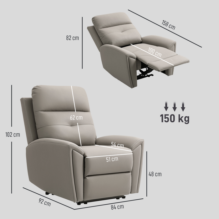 Grey Recliner Armchair – Manual 145° Reclining Chair with Footrest & Overstuffed Cushioning