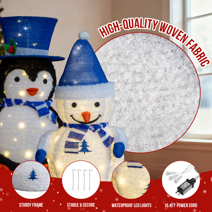 Lighted Christmas penguin and snowman duo with warm white LED lights
