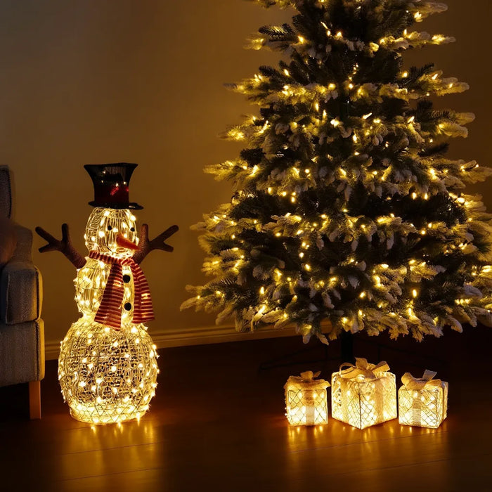 Christmas Wonderland Combo Set: Artificial Xmas Tree + Pre-Lit Snowman + Lighted Gift Boxes