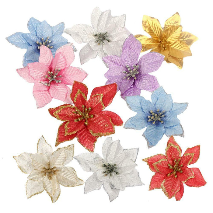 12 Pcs Christmas Large Poinsettia Glitter Flower Tree Hanging Party Xmas Decor
