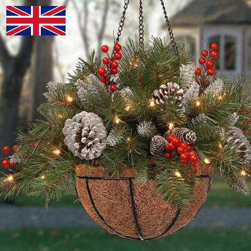 Pre-Lit Artificial Plants Hanging Basket Decorated with Berry Frosted Pine Cones