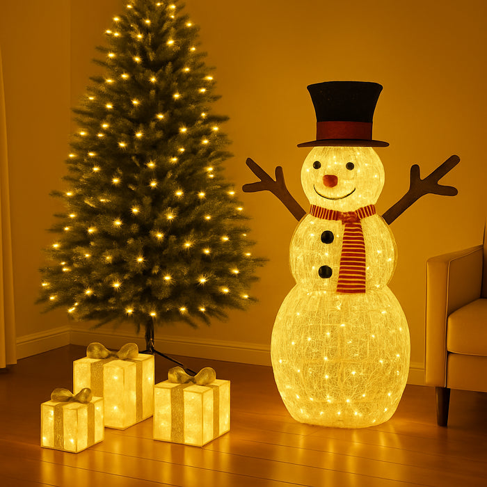 Christmas Wonderland Combo Set: Artificial Xmas Tree + Pre-Lit Snowman + Lighted Gift Boxes