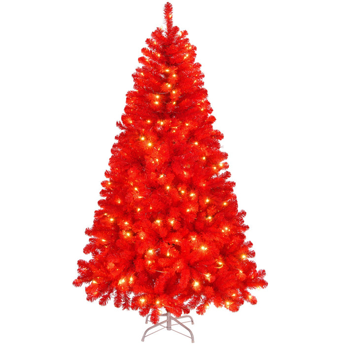 6Ft Red LED Christmas Tree Artificial 100 Warm Light Xmas Tree with Metal Stand