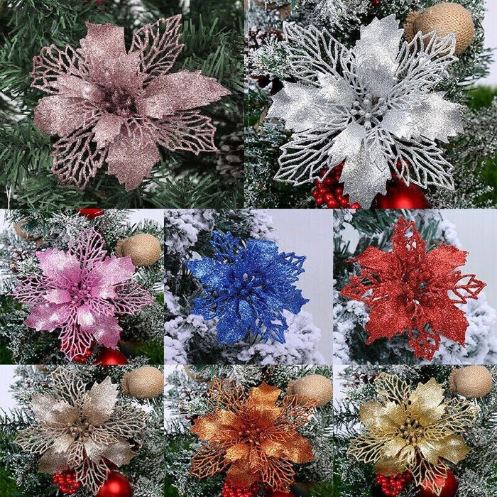 12 Pcs Christmas Large Poinsettia Glitter Flower Tree Hanging Party Xmas Decor