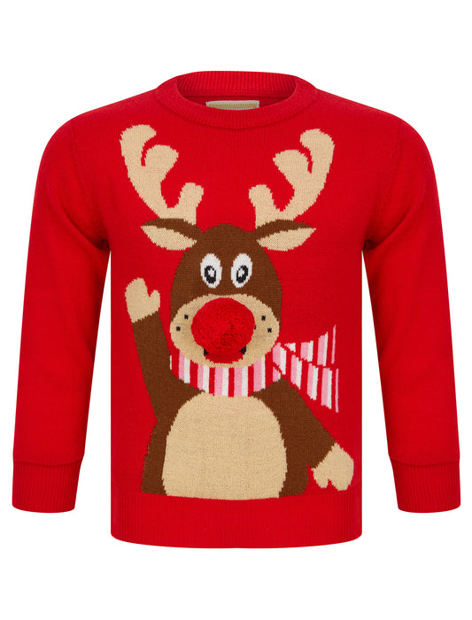 Kids Girls Christmas Jumper Waving Reindeer Pom Pom Nose Xmas Sweater Novelty