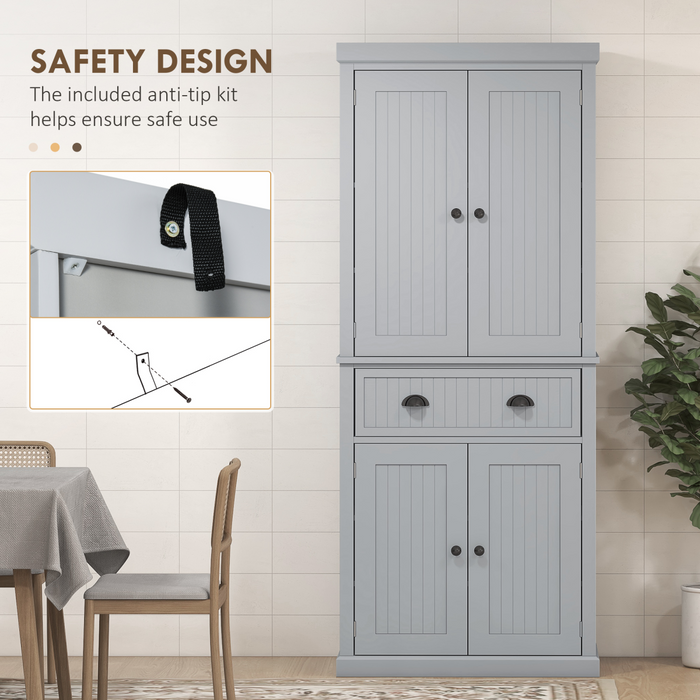 Tall Grey Storage Cabinet – 2-Door Cupboard with Drawer & Adjustable Shelves