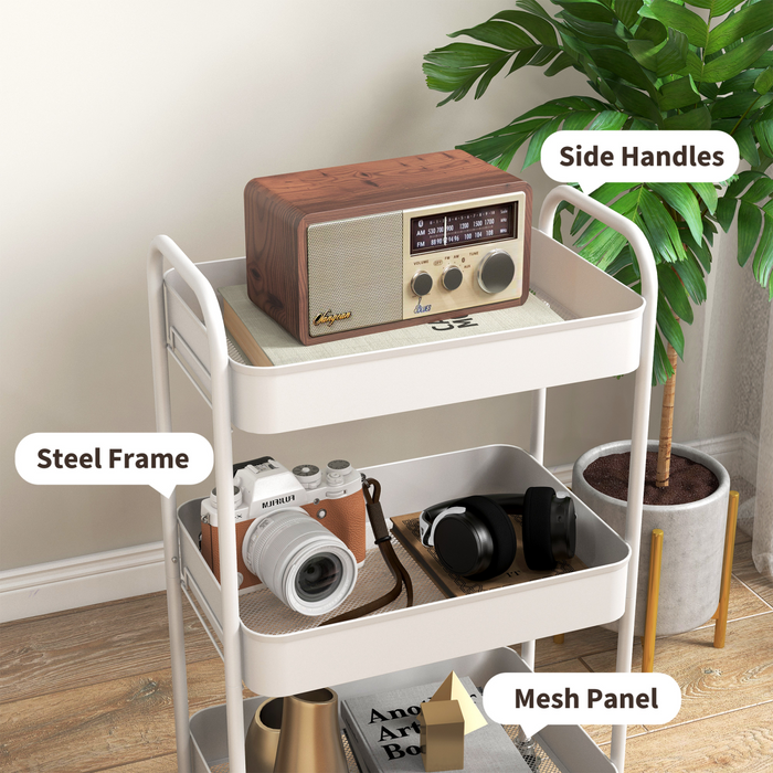 3-Tier Steel Storage Trolley – White Rolling Kitchen Cart with Baskets & Wheel