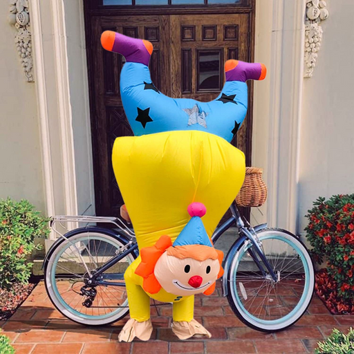 Inflatable upside-down clown costume for adults with blower kit.