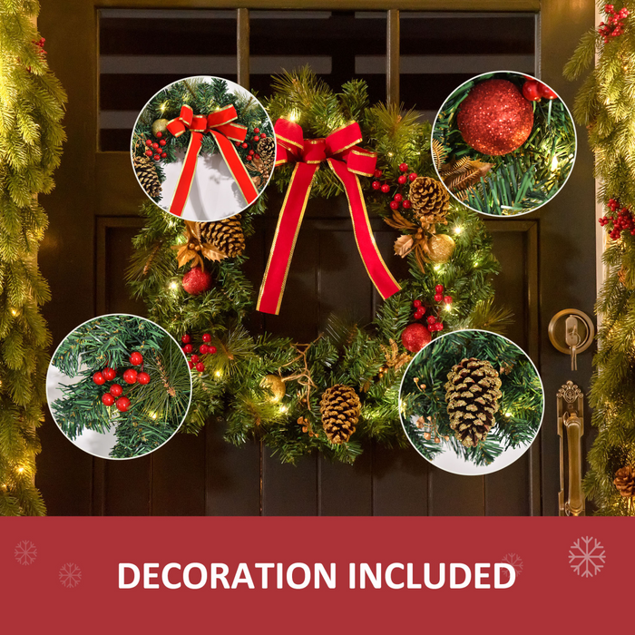 Pre-Lit Christmas Wreath – 60cm LED Holly & Pine Cone Design - Samanta Factory