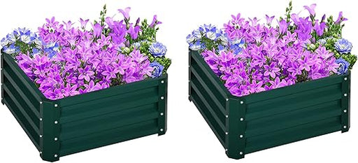 Set of two green galvanised steel raised garden planter boxes with open bottom

