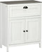 White bathroom storage cabinet with drawer, adjustable shelf, and wood-effect top