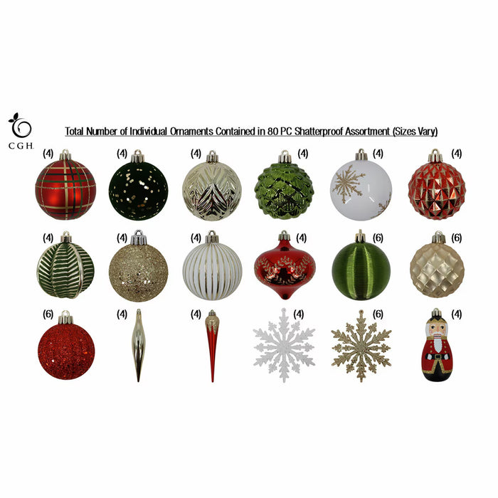 Shatter Resistant Christmas Ornaments Red/Green -80 Pack