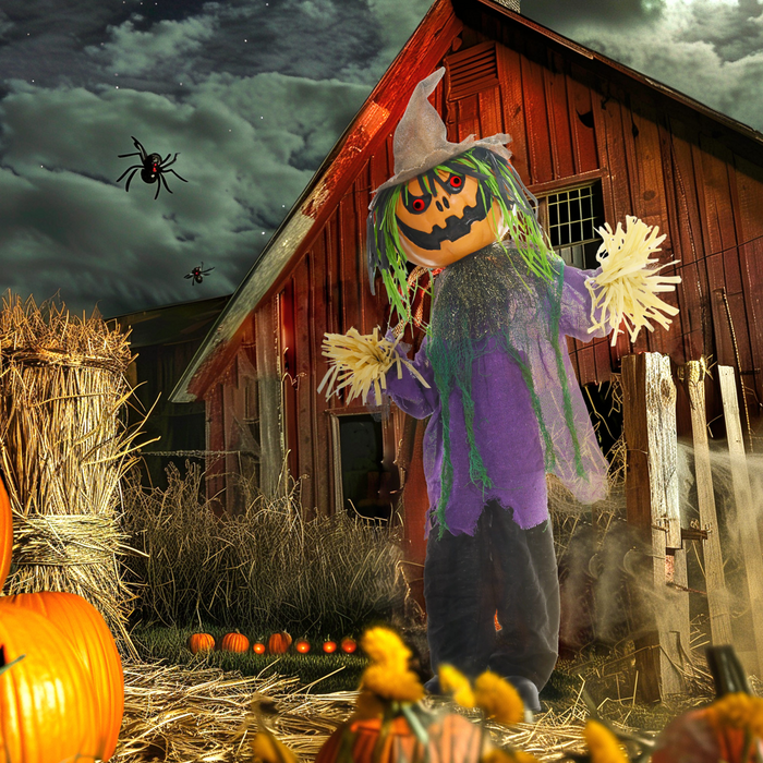 Halloween Pumpkin Scarecrow Animatronic – Touch & Sound Activated with Glowing Red Eyes - Samanta Factory