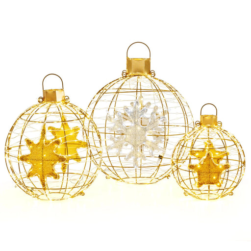 Set of 3 gold LED Christmas lantern balls with pre-lit lights for indoor and outdoor display