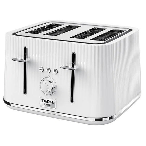 4-slice fluted white toaster with extra-wide slots and chrome accents

