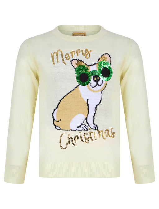 Kids Girls Christmas Jumper Glasses Dog Novelty Sequinned Xmas Sweater Pullover
