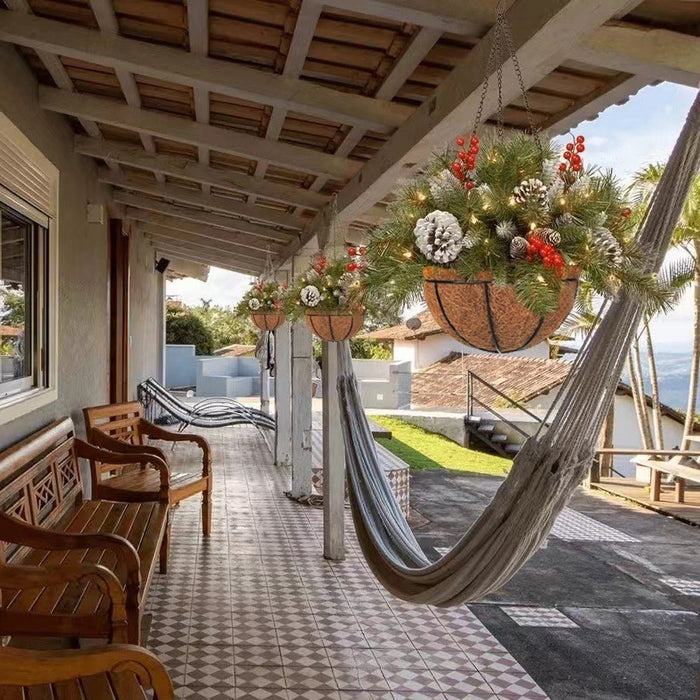 Pre-Lit Artificial Plants Hanging Basket Decorated with Berry Frosted Pine Cones