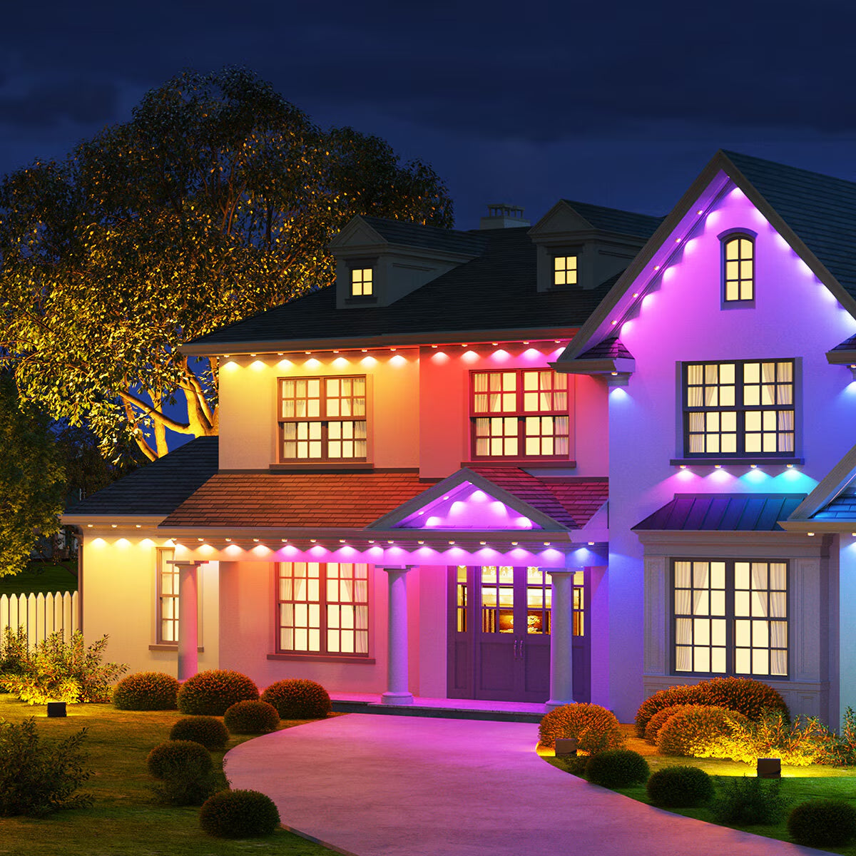 Waterproof RGBW string lights illuminating garden and patio for UK and USA homes