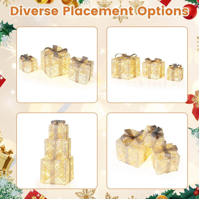Set of 3 Christmas Lighted Gift Boxes with Bows and Ground Stakes