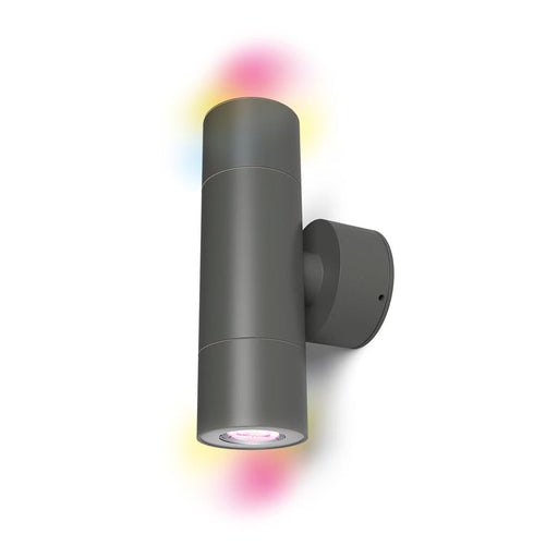 4lite WiZ smart outdoor wall light in dark grey with colour-changing LED bulbs.

