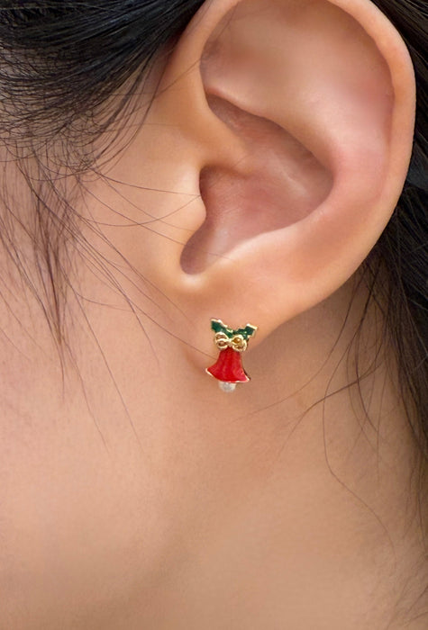Christmas leaf pearl bell earrings-2