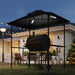 BBQ gazebo shelter with metal frame, two-tier canopy, side shelves, baskets, and light hook for outdoor grilling

