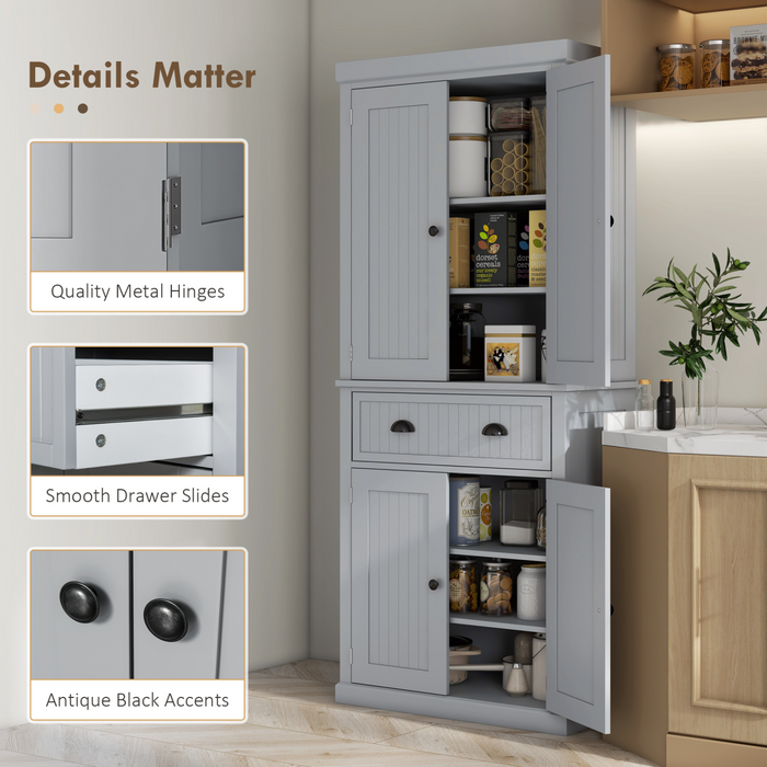 Tall Grey Storage Cabinet – 2-Door Cupboard with Drawer & Adjustable Shelves