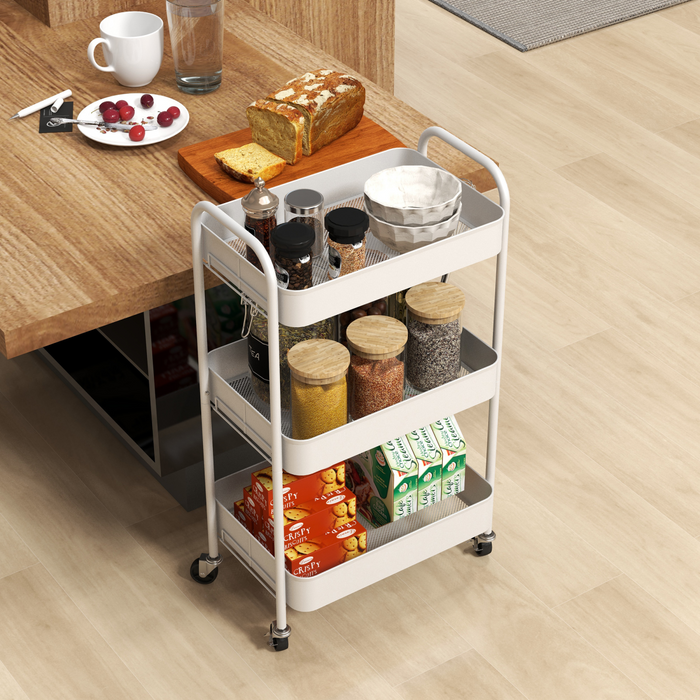 3-Tier Steel Storage Trolley – White Rolling Kitchen Cart with Baskets & Wheel