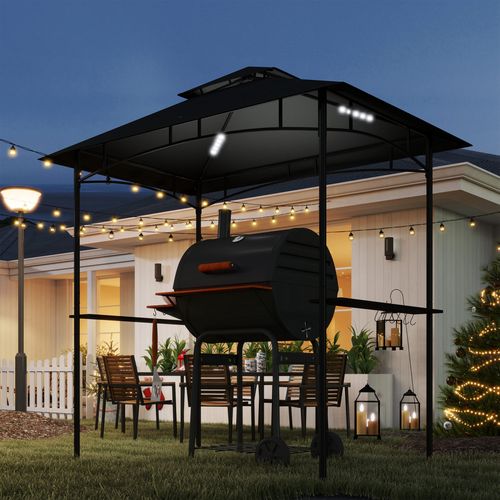 BBQ gazebo shelter with metal frame, two-tier canopy, side shelves, baskets, and light hook for outdoor grilling

