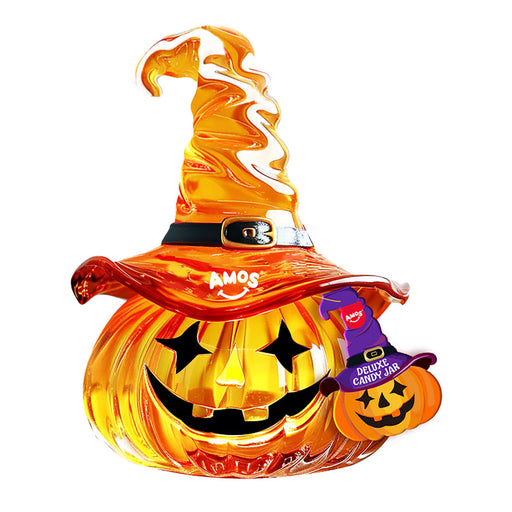 Colorful Halloween candy assortment in a reusable pumpkin bucket filled with spooky-shaped gummies and jellies.

