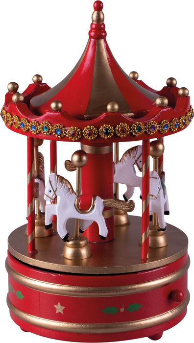 Mechanical Carousel Music Box Wooden Christmas Decoration Ornament Festive RED