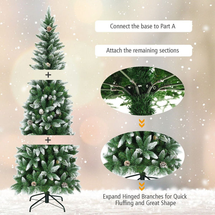 Snow-Flocked Pencil Hinged Artificial Christmas Tree with Pine Cones