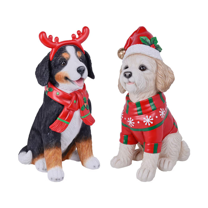 Hand-painted Christmas dog greeter statue for indoor or porch use