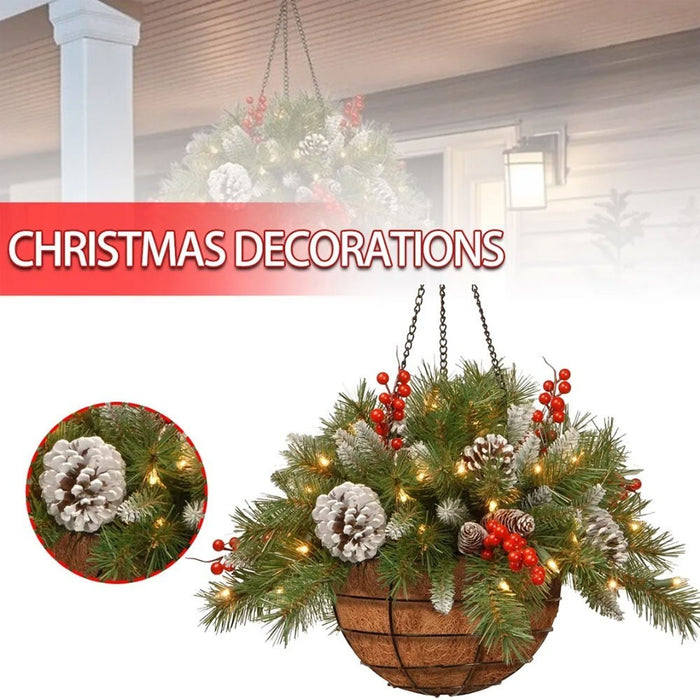 Pre-Lit Artificial Christmas Hanging Basket - Flocked with Mixed Decorations UK