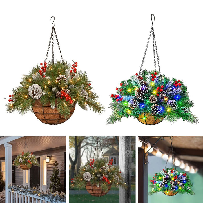 Pre-Lit Artificial Christmas Hanging Basket - Flocked with Mixed Decorations UK