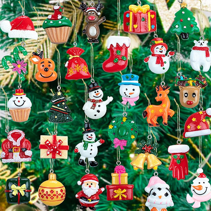 30-piece mini resin Christmas ornaments with Santa, reindeer, and festive designs