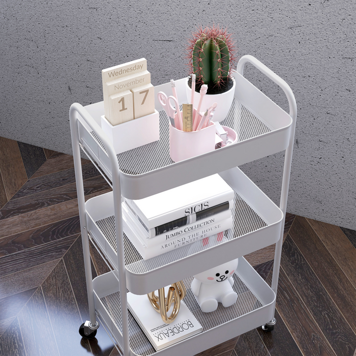 3-Tier Steel Storage Trolley – White Rolling Kitchen Cart with Baskets & Wheel
